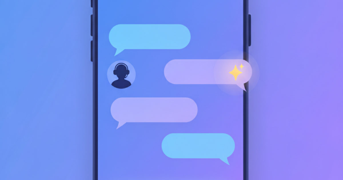 Smartphone com conversa de WhatsApp em que uma IA responde um cliente naturalmente, com atendente humano pronto para assumir ao lado
