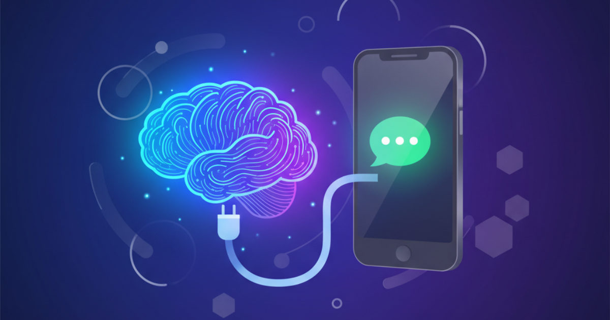 Cérebro de IA conectado por um plugue a um smartphone com balão de conversa do WhatsApp, representando a integração do ChatGPT no WhatsApp