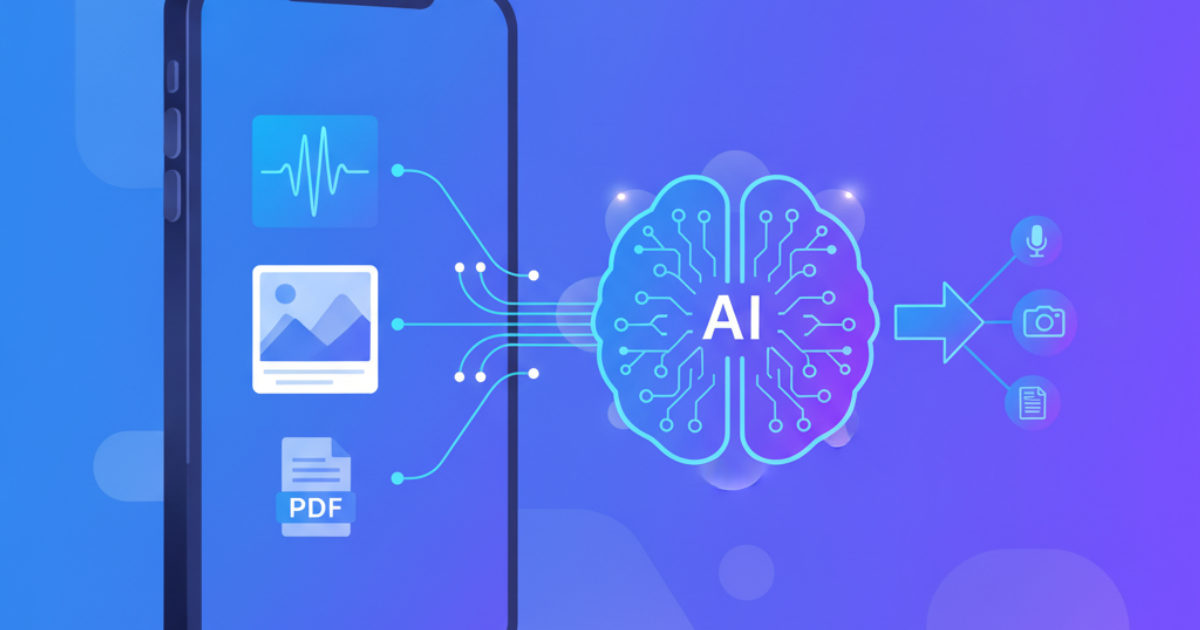 Smartphone com conversa de WhatsApp recebendo áudio, foto e documento PDF, com a IA entendendo e respondendo cada formato